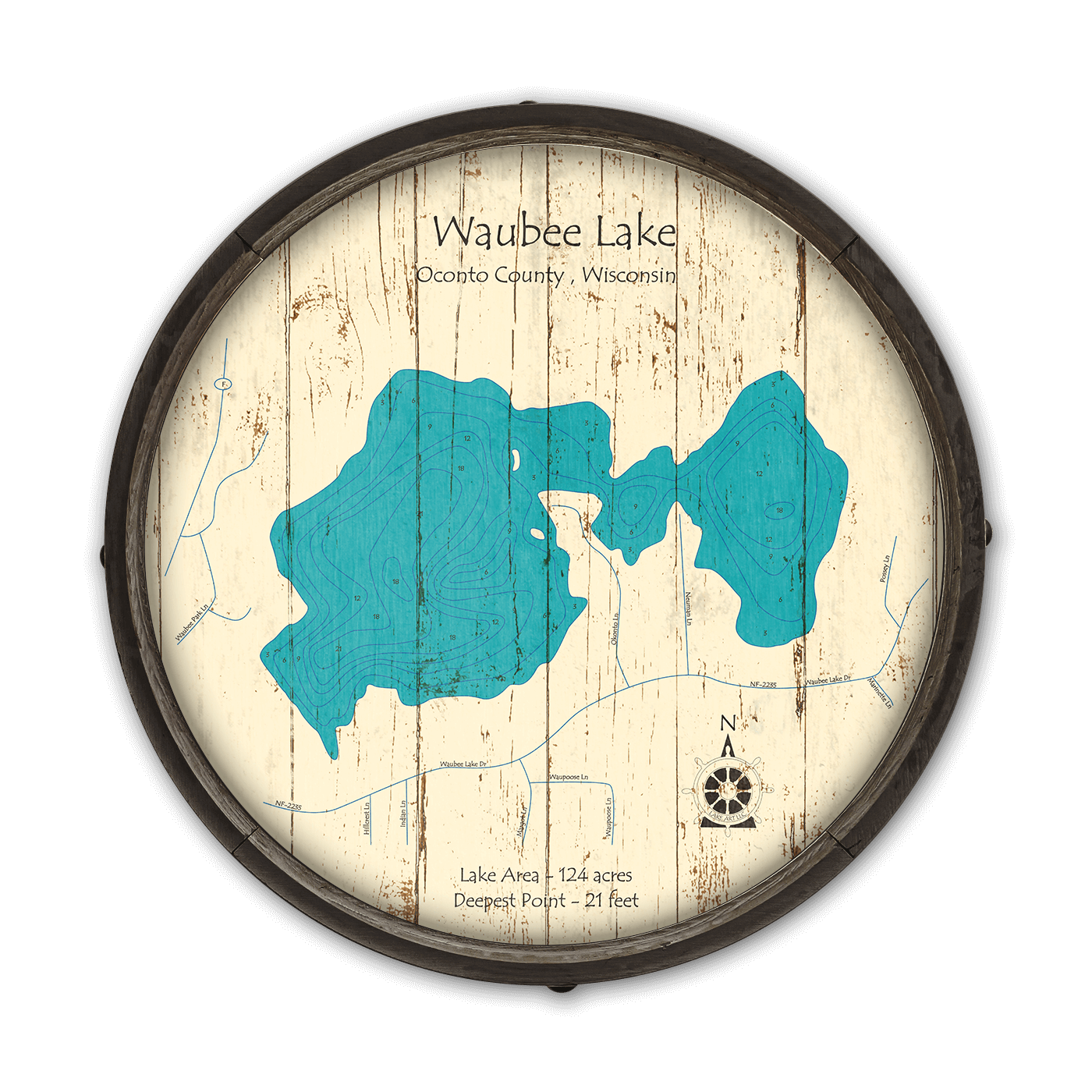 Waubee Lake, Oconto County Barrel End Lake Sign